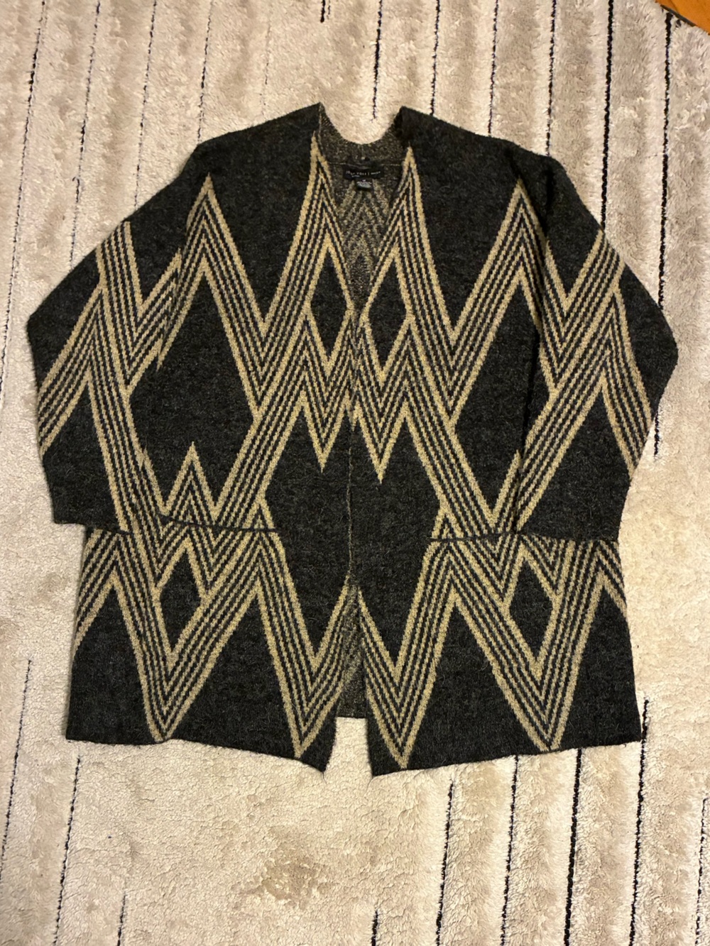 Joan Vass 1x PLUS SIZE Black and Tan Geometric Open Cardigan